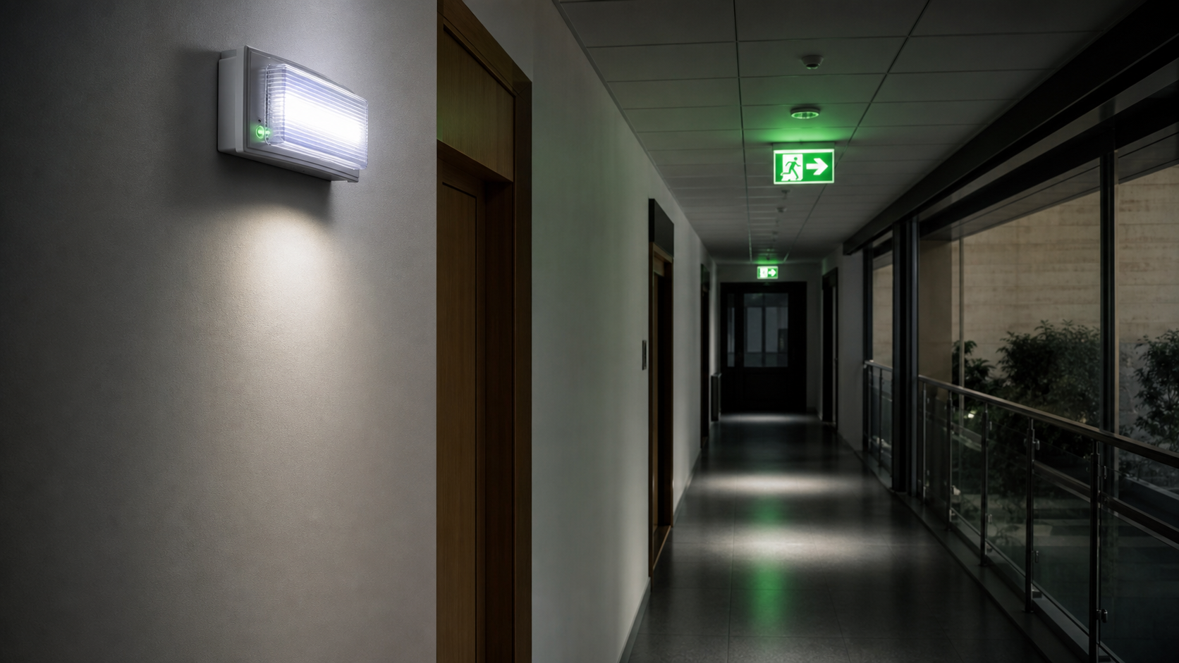 BAES allumé dans un couloir pour guider l'évacuation en cas de coupure électrique